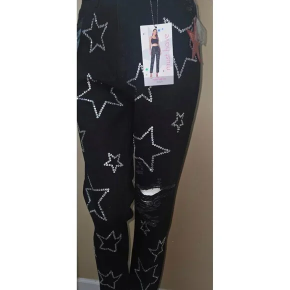 Simple Society Bling Stars Distress Super High Rise Black Jeans Size 7/ 28 NEW - Picture 4 of 10